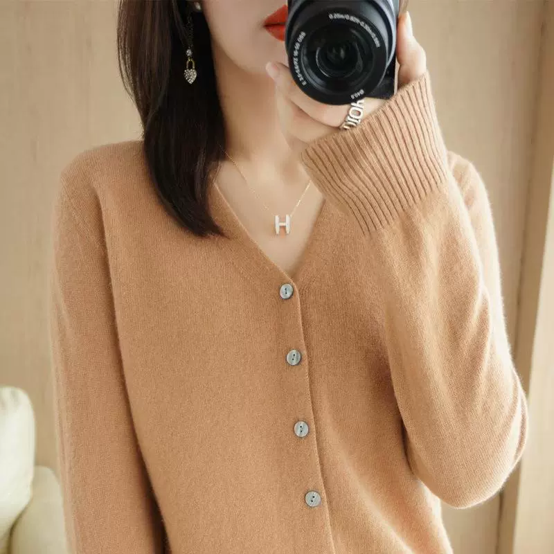 Новый 2023 весна OL темперамент трикотажный кардиган с V-образным вырезом прямой свитер женский трикотаж завод оптом