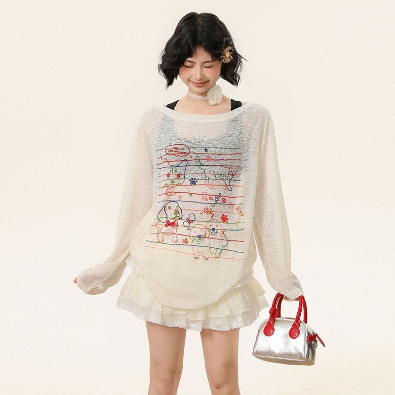 Translucent Shoulder Thin Long-sleeved T-shirt Women's Spring Sweet Hand-painted Loose Sunscreen Blouse Top