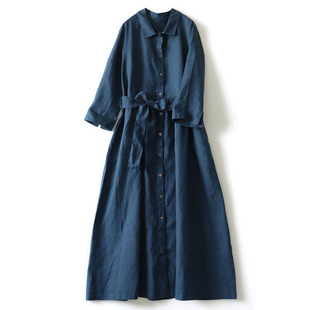 Платье, осенняя рубашка, японская длинная юбка, из хлопка и льна