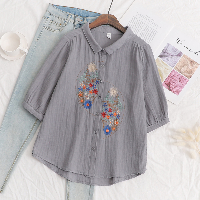 夏の綿ガーゼ七分袖シャツレディーストップスレトロ文学ルーズ刺繍シャツミッドスリーブカジュアルで多用途|undefined