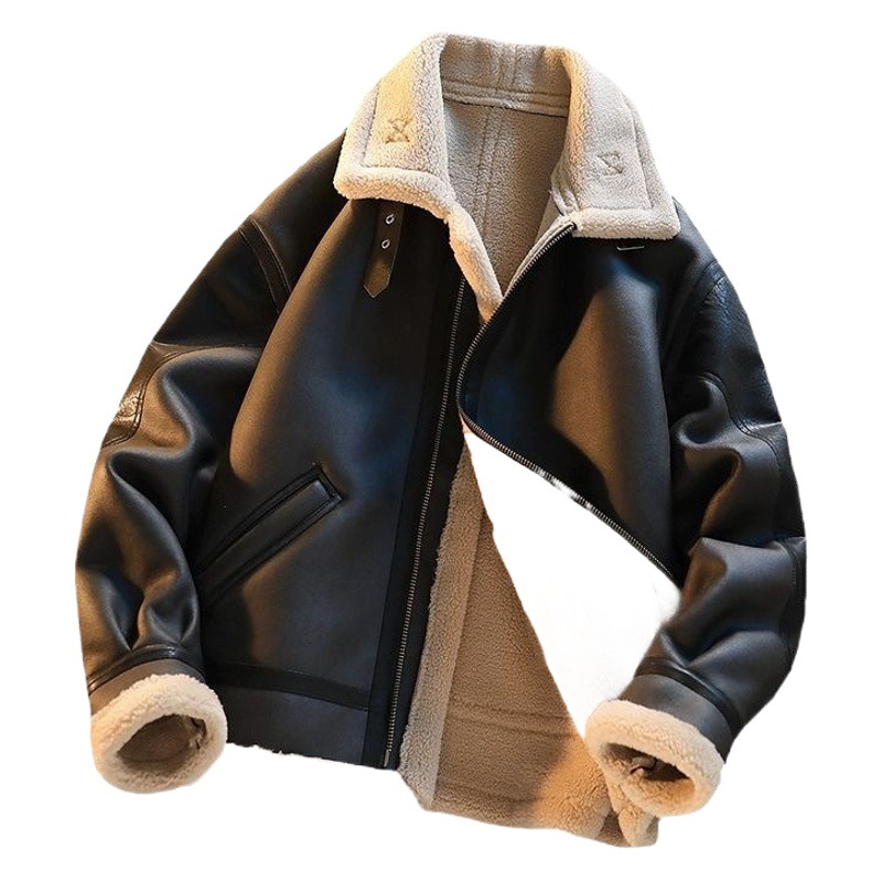 Abrigo de piel de los hombres de invierno forrado de lana engrosada ropa de motocicleta marca de moda chaqueta de terciopelo Chaqueta de algodón acolchado abrigo de cuero de cordero