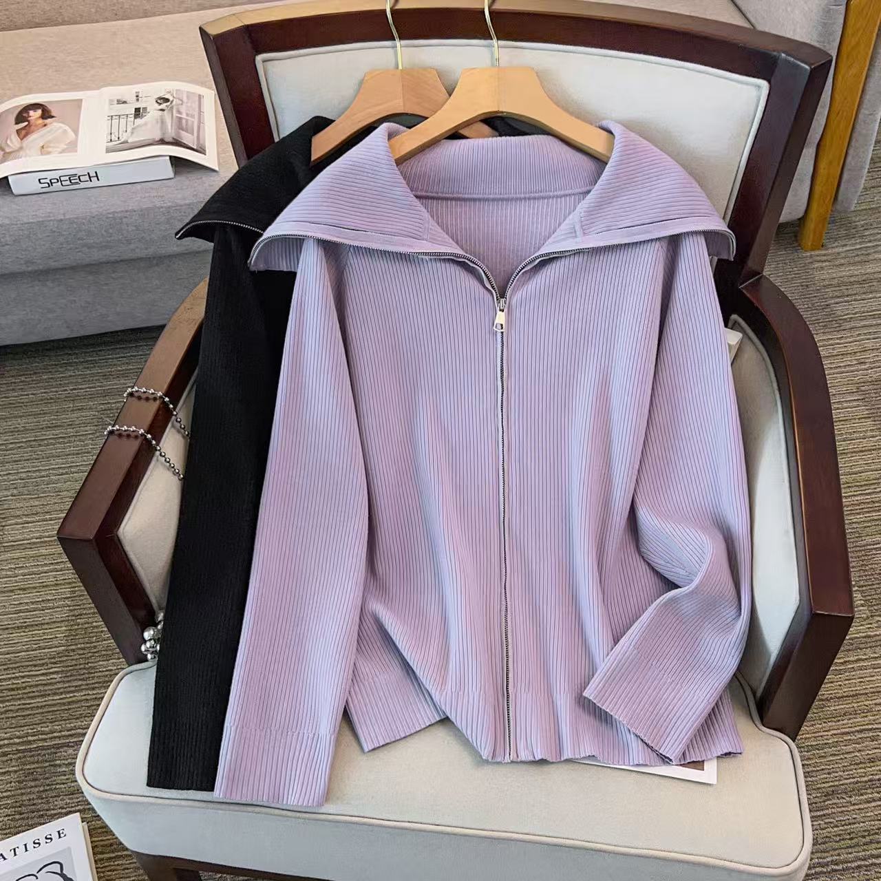 200/ 150kg Plus Size Women's Clothing Bust 150/160 Loose Fit Lapel Sweater Knit 350-8080