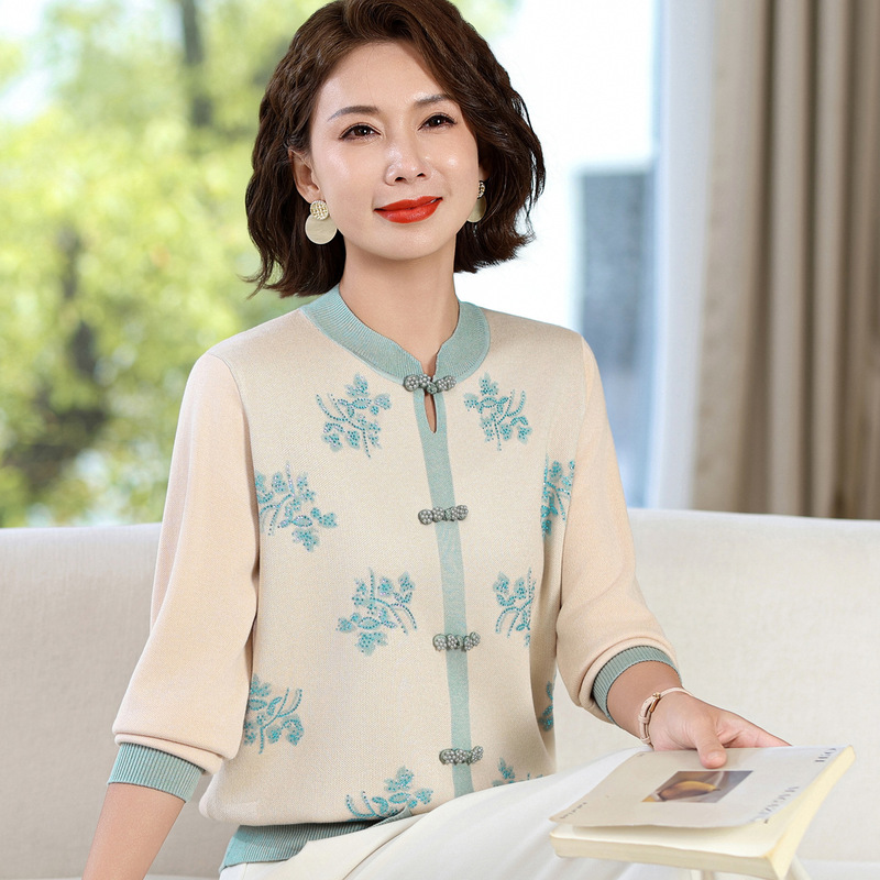 新款国风妈妈针织打底小衫中年女春秋薄款中老年人洋气春装上衣服|undefined