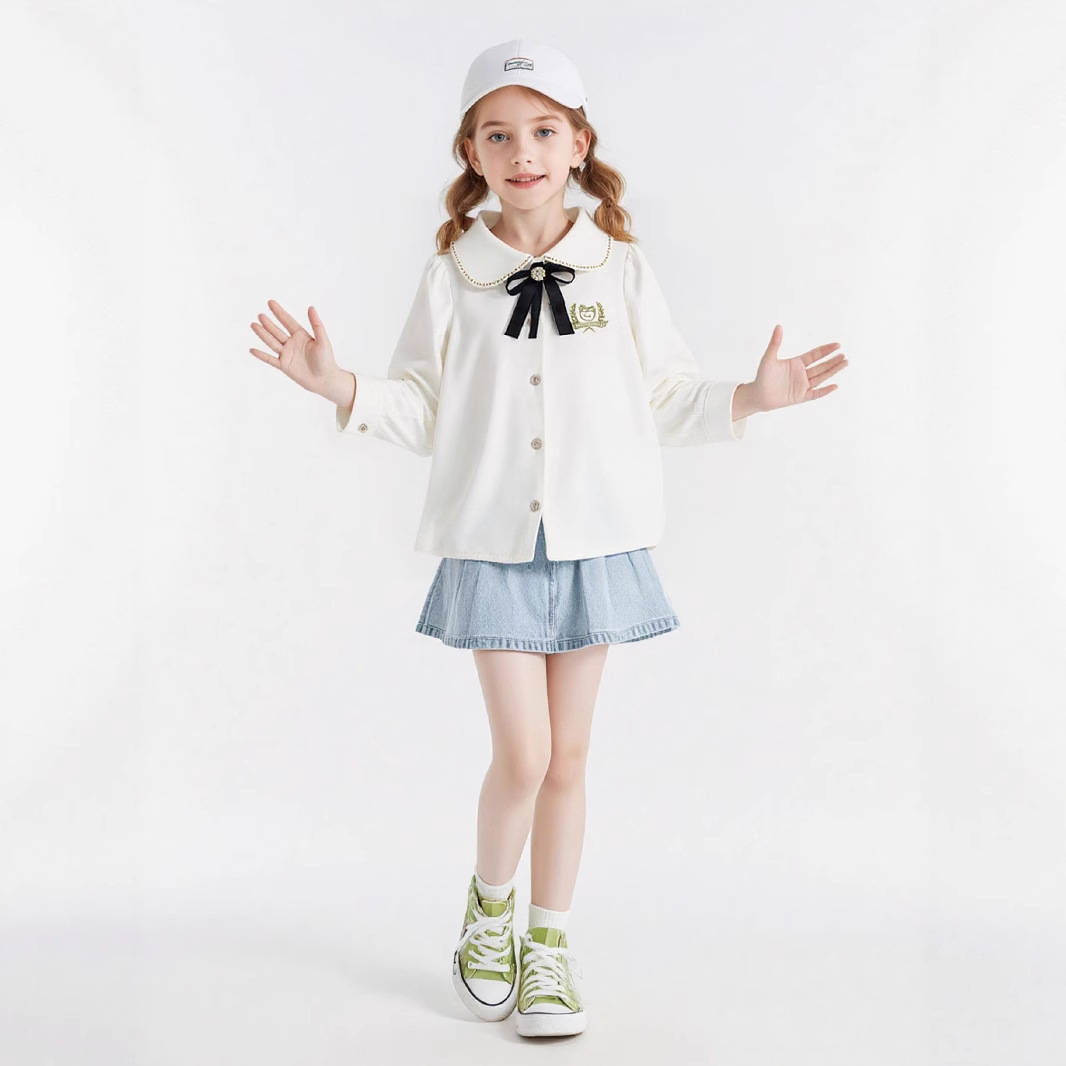 Threaded stretch white base layer shirt, preppy style embroidered animal knitted cardigan, medium to large long sleeve shirt, children's shirt