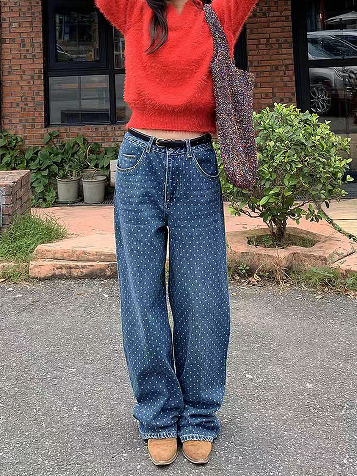 European and American Cross-Border Source Factory Polka Dot Fashion Slimming Personality Straight Loose Women's Jeans