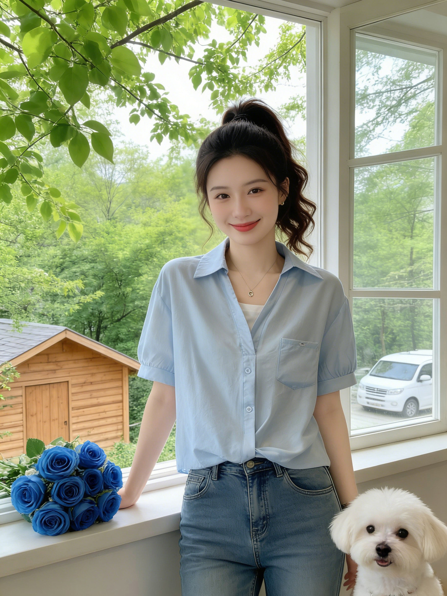 Áo sơ mi nữ tay ngắn giả hai lớp màu xanh lam thiết kế trẻ trung — xanh lam chi tiết 5