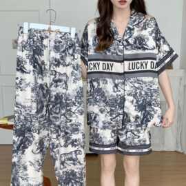 国风水墨画奢华睡衣情侣春夏季新款短袖常规韩版家居服三套装夏天