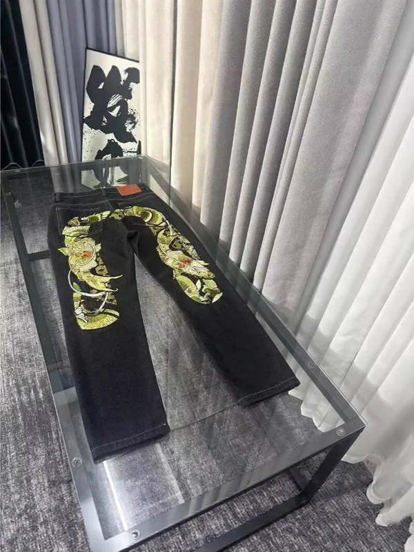 新款福运鲤鱼跃龙门刺绣黑色牛仔裤男宽松直筒脚休闲时尚潮牌裤子|undefined
