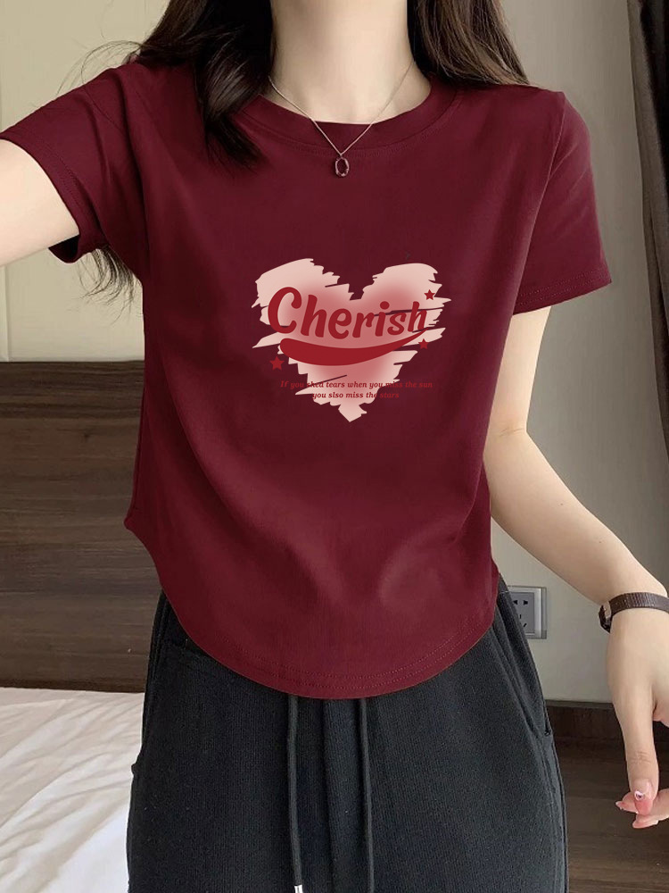 純綿のtシャツの女性の夏の新型の裾のアーチ形の不規則な修身はやせているギャルが腰を収めて肩の短い上着を収めます。