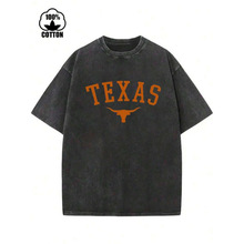 Vintage Texas And Longhorn Print Men's Washed And Di�羳�W�a
