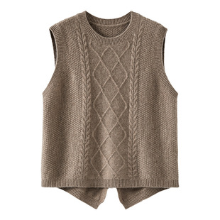 Back Split 100 Pure Wool Knitted Vest Vest Women's Crewneck Pullover Thickened Sleeveless Outer Waistcoat Sweater