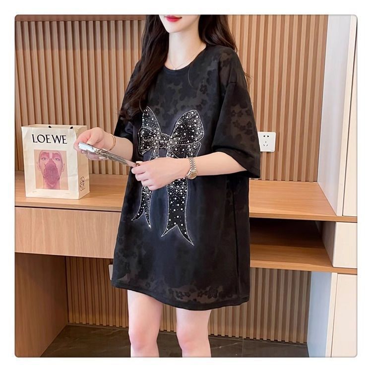 2-300 kg extra grande encaje de diamantes calientes lazo brillante camiseta de manga corta mujer verano de longitud media estilo occidental