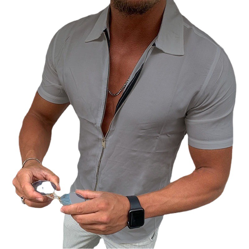 Comercio exterior 2022 verano transfronterizo de los hombres de color sólido cremallera camisa de manga corta de los hombres delgados de solapa casual cardigan top