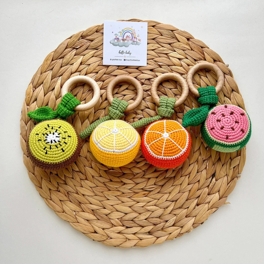 Juguetes de crochet para bebés crochet fruta campana para bebés: kiwi, limón, naranja, sandía