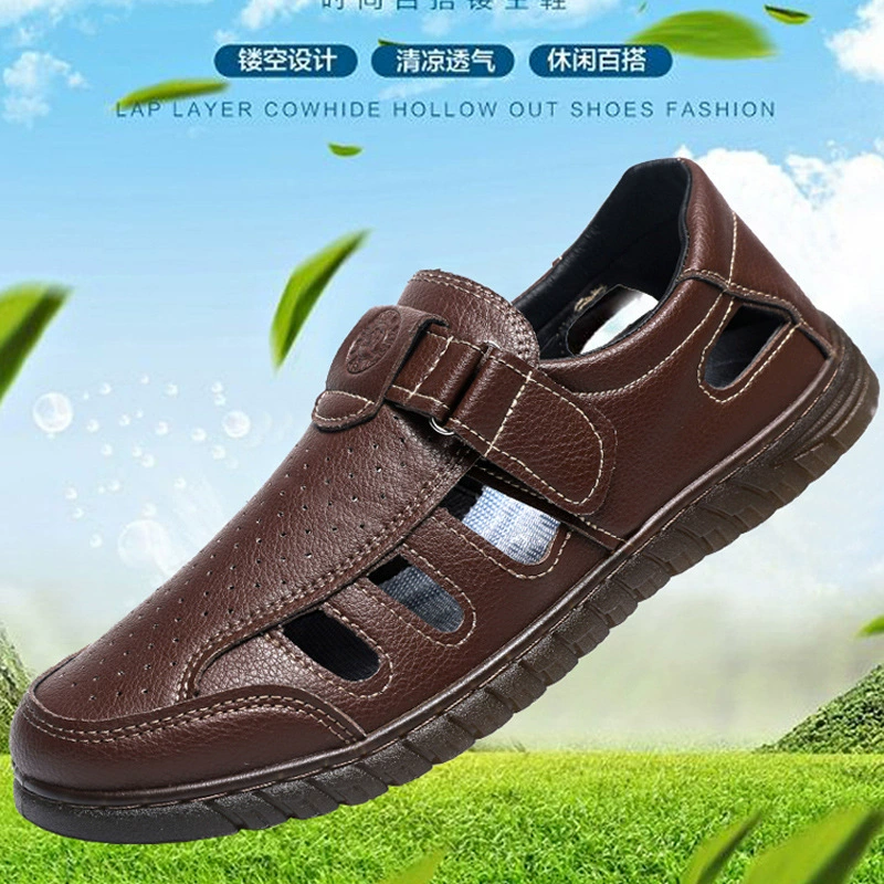 2024 Летние новые кожаные сандалии мужские полые дышащие дыры обувь говяжьи сухожилия на мягком подошве повседневная обувь для пожилых пап