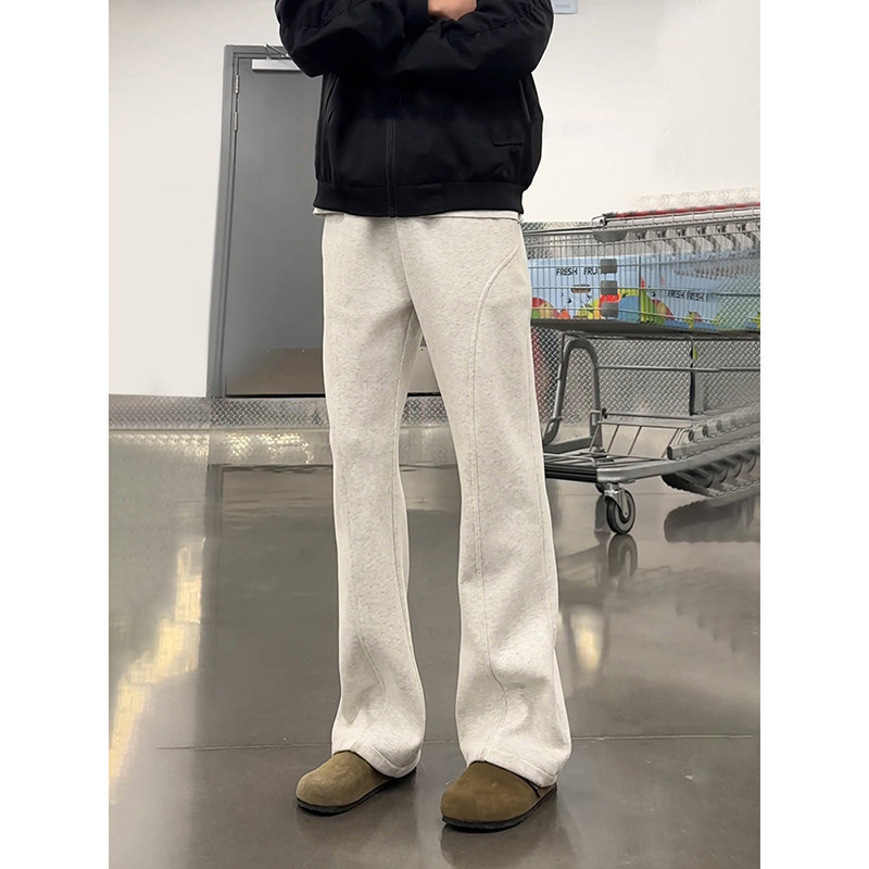 White Floral Gray Straight-Leg Jogger Pants for Men, Spring Season, High-Waisted, Slimming, American-Style Diagonal Cut, Casual Flared Pants