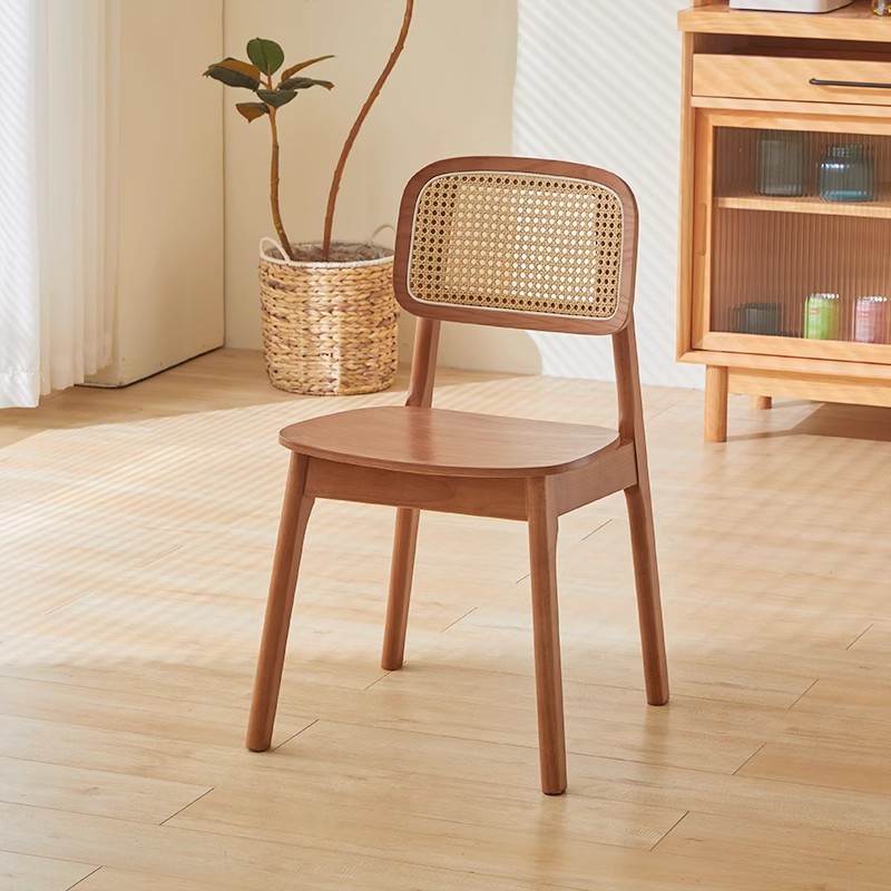 Household Solid Wood Backrest Dining Chair Nordic Wood Color Rattan Chair Wabi-Sabi Style Medieval B&B Restaurant Rattan Chair