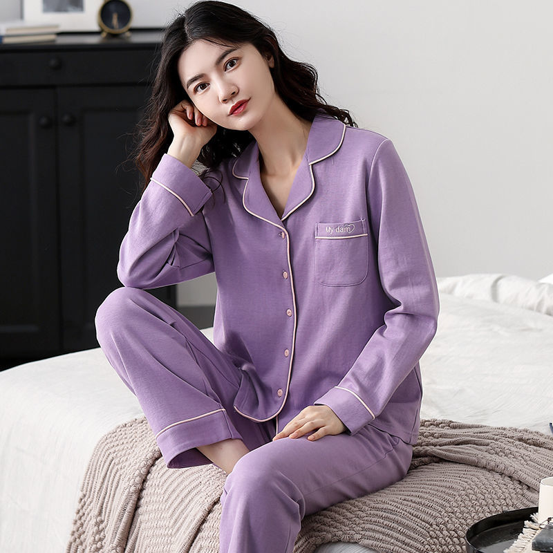 Pijamas de las mujeres de primavera y otoño 100% de algodón de manga larga más tamaño cardigan de mediana edad y ancianos Otoño e Invierno traje de desgaste para el hogar