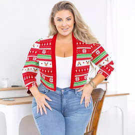 跨境秋冬女装欧美圣诞小鹿印花针织开衫外套时尚修身长袖外搭上衣