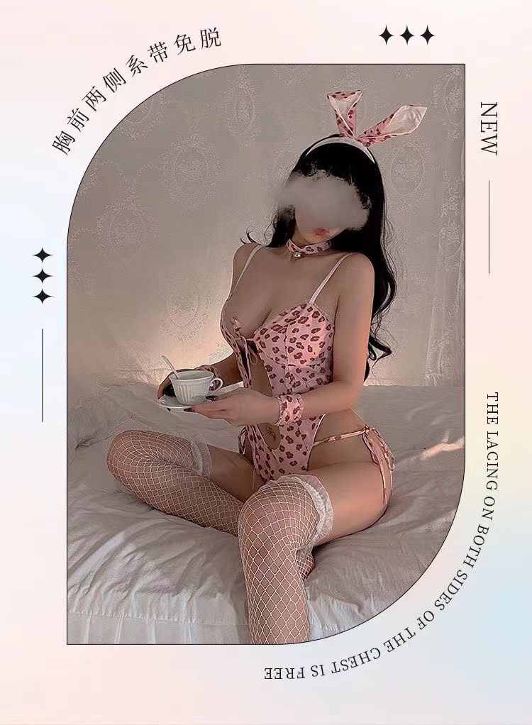 Leopard Print Bunny Costume Lingerie Set with Suspenders and Fishnet Stockings — detail image 6