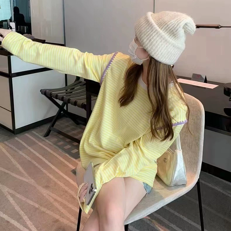 Свитер Jimo ADER весенне-осенний свитер в полоску с длинными рукавами, свободная универсальная рубашка контрастного цвета, топ с круглым вырезом и лоскутными рукавами