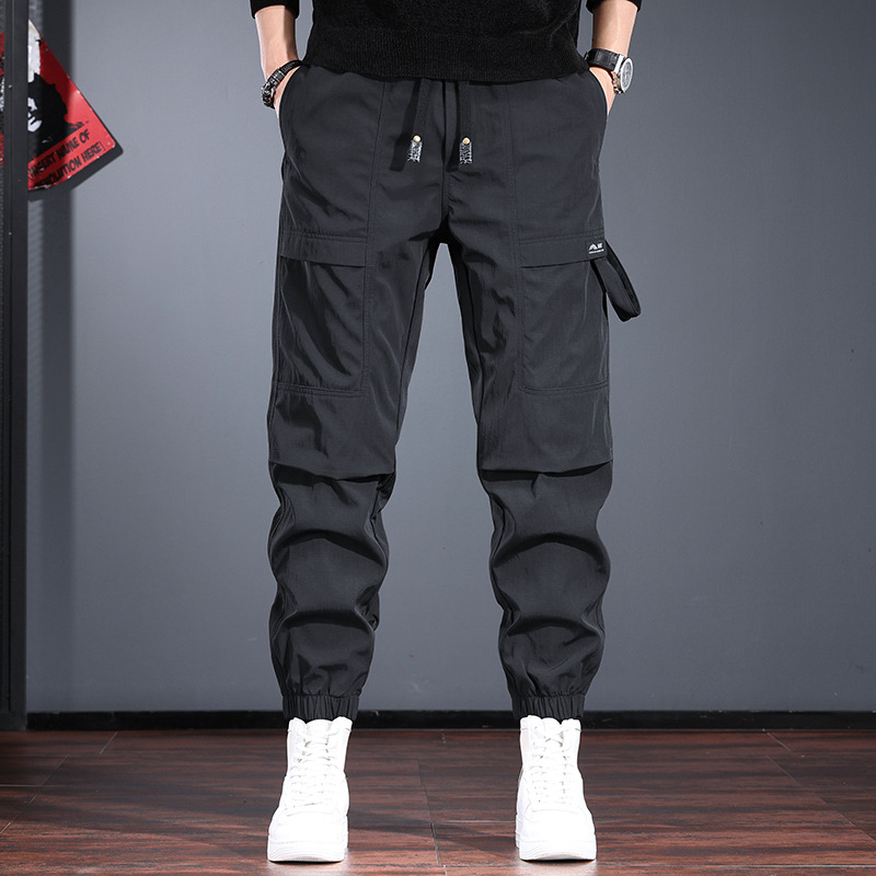 Black Outdoor Casual Pants for Men, Loose Cuffed Harem Pants, Autumn and Winter Mountain Hiking Waterproof Jogger Pants, Trendy