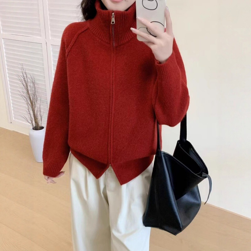 慵懒风毛衣外套女2025秋冬新款韩系纯色立领拉链针织开衫跨境女装|undefined