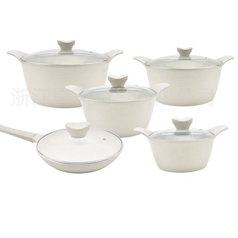 Juego de ollas de aluminio al por mayor transfronterizo, olla antiadherente de piedra médica, olla de sopa doméstica de diez piezas, olla de cocción al por mayor