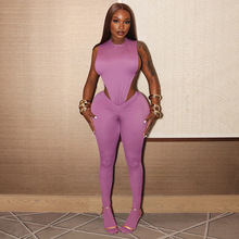 J25ST290欧美跨境秋圆领倒三角露腰后背绑带连体衣缩褶连脚裤套装