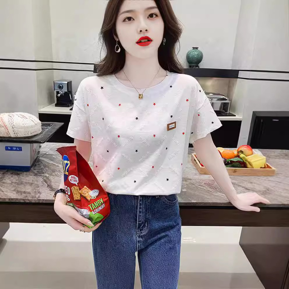 여름 여성용 숄더 반팔 티셔츠 ins 트렌드 2026 신상 루즈핏 레드 블랙 스타 반팔 티셔츠 상의 여름옷
