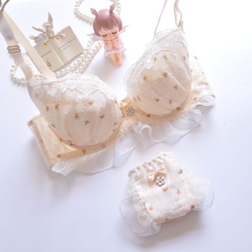 Long-term Japanese chiffon two-color embroidery thin cup student girl cute push-up sexy underwear bra set