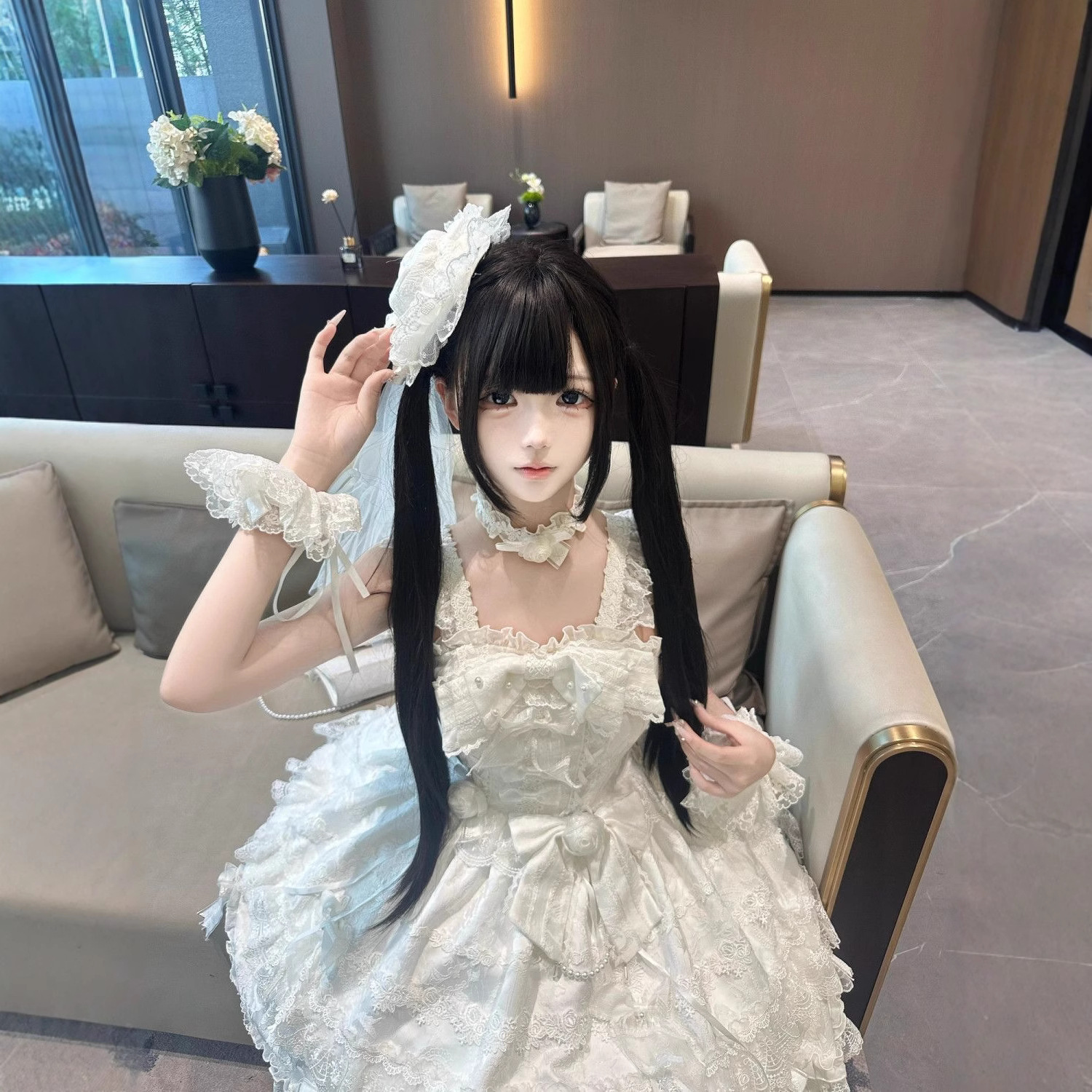 Duo Xiu peluca red rojo Shaoluo natural peluca Lolita Qi Liuhai doble cola de caballo nuevo estilo marrón negro 80cm cabello recto