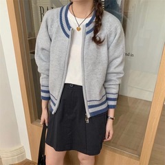 2025秋冬新款拉链开衫短款圆领宽松上衣条纹洋气针织毛衣外套女式