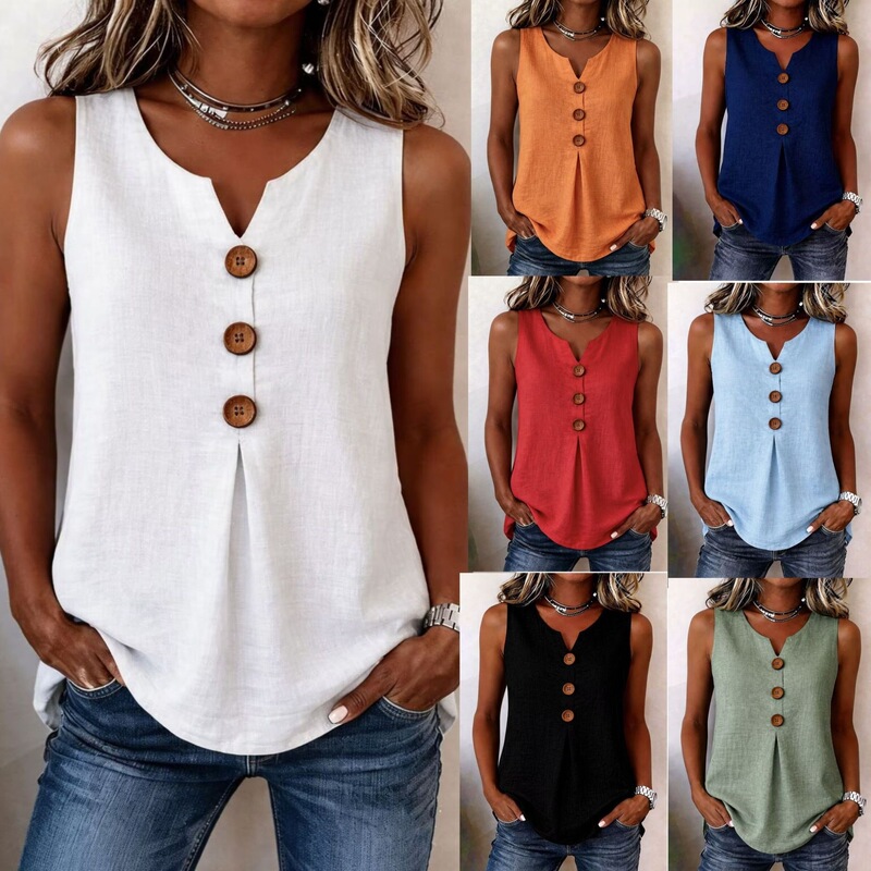2026 European and American cross-border new style V-neck front-button sleeveless vest with pleated hem, loose casual women's top