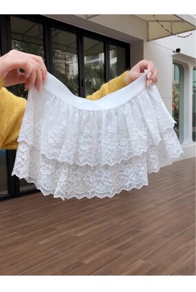 New Lace Trim Layered High-End Lace-Up Puffy Skirt for Jazz Dance and Casual Denim Skirts