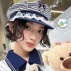 日系航海英伦风条纹海军帽可爱少女蕾丝边四芒星甜酷八角帽鸭舌帽