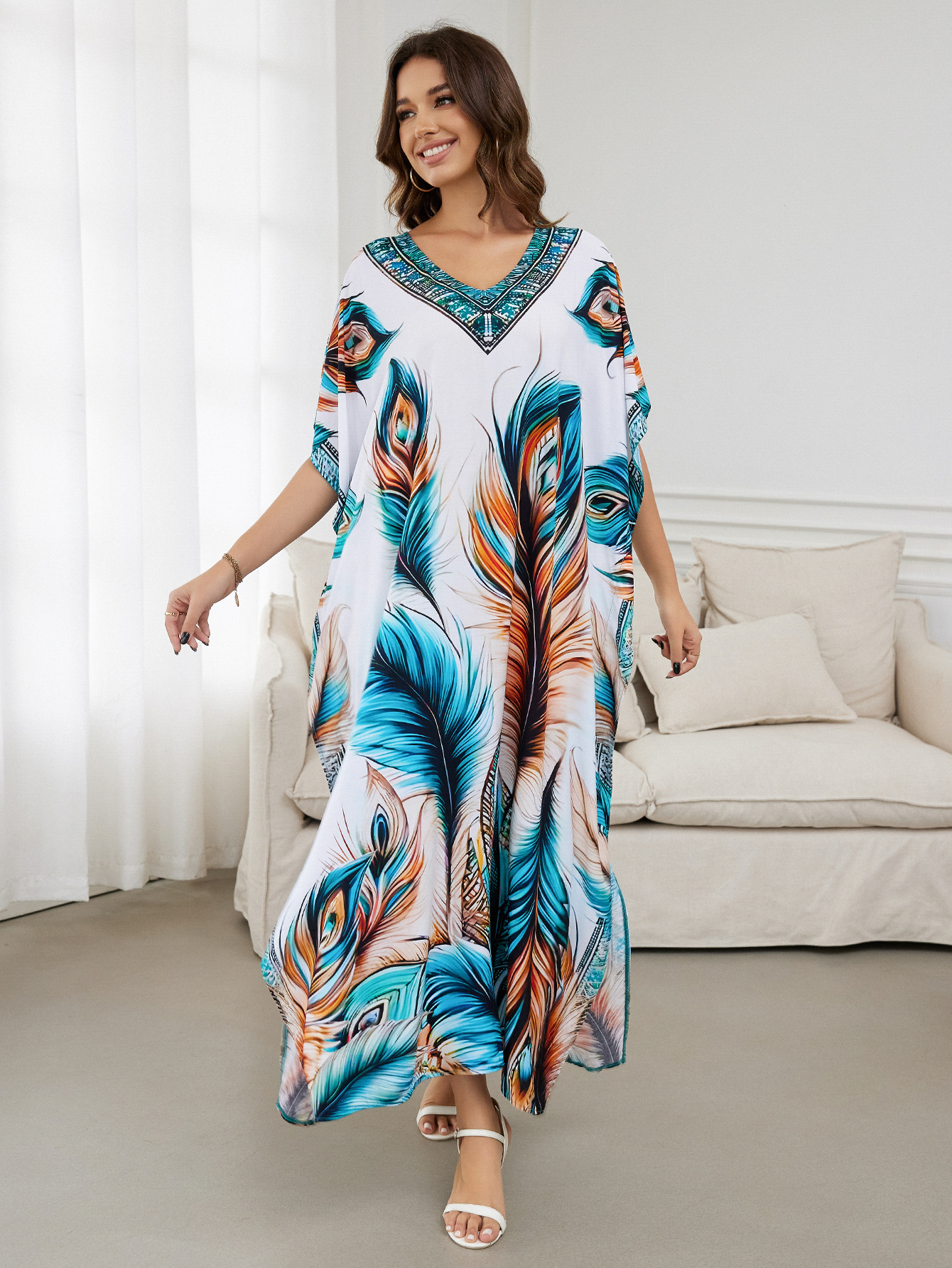 Rochie de plajă lungă kimono dama boho viscoză tie-dye_voghion.com