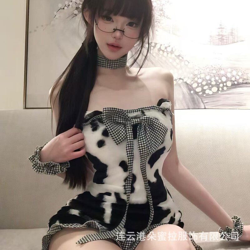 Dormila Sexy Intimates Sexy Black and White Cow Bear Dress Cute Bear Wrapped Chest Nightgown Uniform