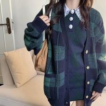 綠色格子毛衣外套女裝2022秋冬季新款復古慵懶風寬松外穿針織開衫
