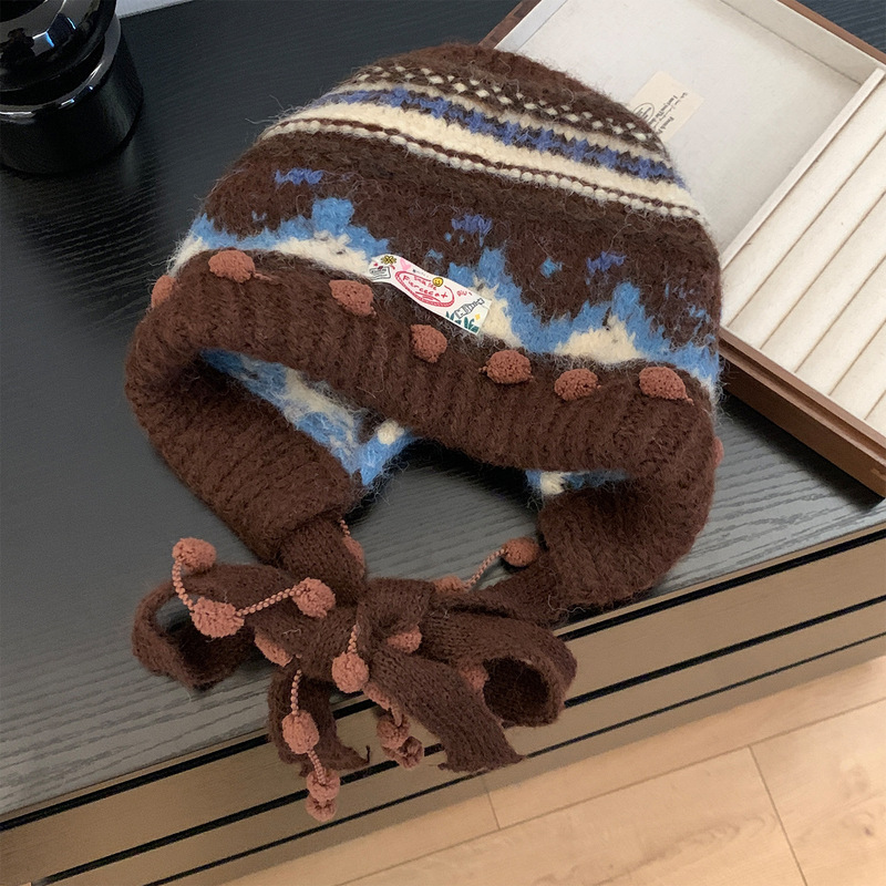 费尔岛复古针织巴拉克拉法帽女秋冬显脸小包头帽加厚保暖护耳帽子|undefined