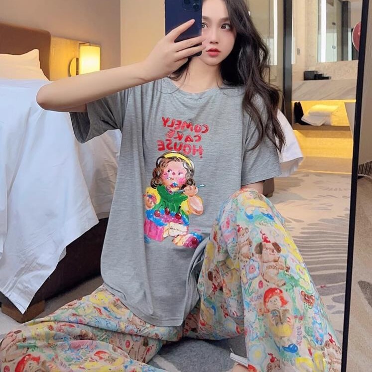 New Korean version of pajamas women's summer short-sleeved pants suit sweet cartoon can wear girl's home clothes cross-border foreign trade