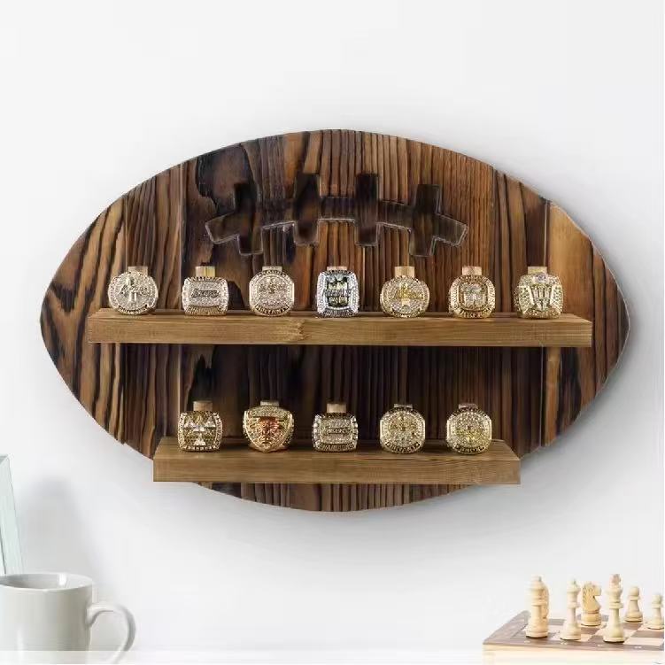 Wooden Wall-Mounted Championship Ring Display Rack Football Tournament Ring Stand Display Rack