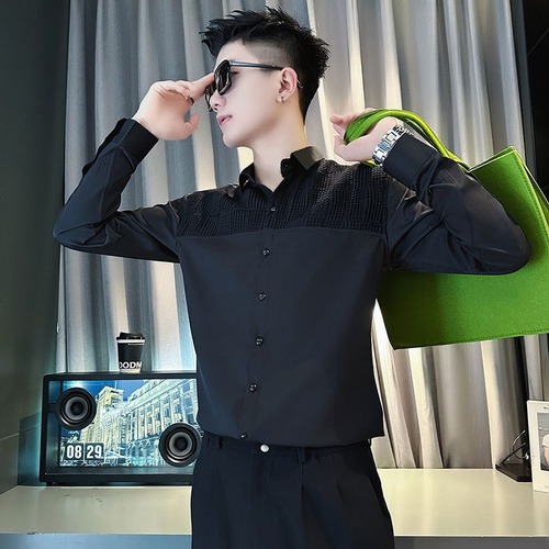 Men's Long-Sleeve High-End Autumn/Winter Collar Shirt, Trendy Bad Boy Hairstylist Top, Casual Upper Shirt