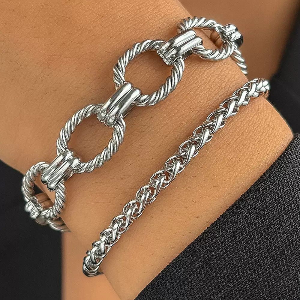 European And American Style Stainless Steel Men's Cuban Double Layer Stacking Set Bracelet Figaro Braided Chain Simple_voghion.com