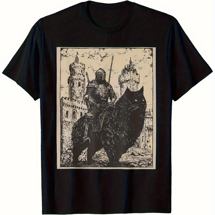 Pure Cotton Short-Sleeve T-Shirt for Men, Black Cat Breathable T-Shirt, Retro 90S Graphic, Soft Vintage Men's Tee, Castle Design Pure Cotton Short-Sleeve T-Shirt for Men, Black Cat Breathable T-Shirt, Retro 90S Graphic, Soft Vintage Men's Tee, Castle Design