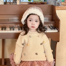 女童毛衣羊毛混纺彩色手工球球圣诞毛衣小童新年童装批发直播货源
