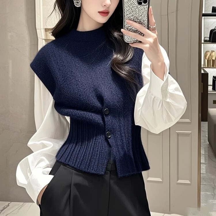 Cross-Border Version of the Patchwork Long-Sleeve Knitted Vest for Women, Spring and Autumn 2025 New Style, Niche Style Shirt with a Cinched Waist and Layered Top Cross-Border Version of the Patchwork Long-Sleeve Knitted Vest for Women, Spring and Autumn 2025 New Style, Niche Style Shirt with a Cinched Waist and Layered Top