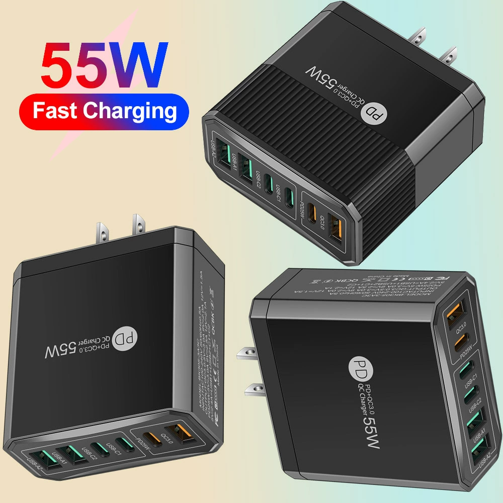 Шестипортовое зарядное устройство для мобильного телефона PD55W QC3.0 тип U, быстрая зарядка, европейские/американские стандарты, серия III
