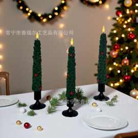 跨境圣诞节圣诞树红果造型杆蜡电子蜡烛灯石蜡材质节日感家居摆件