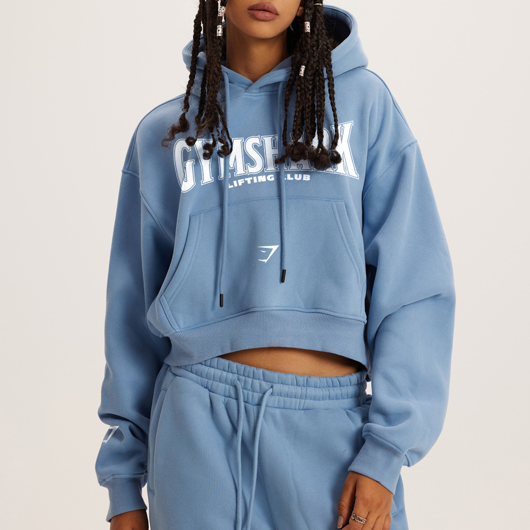 New Gymshark Sweat Women's Short Loose Hooded Sweat Fitness Training Sports All-match Shark Top